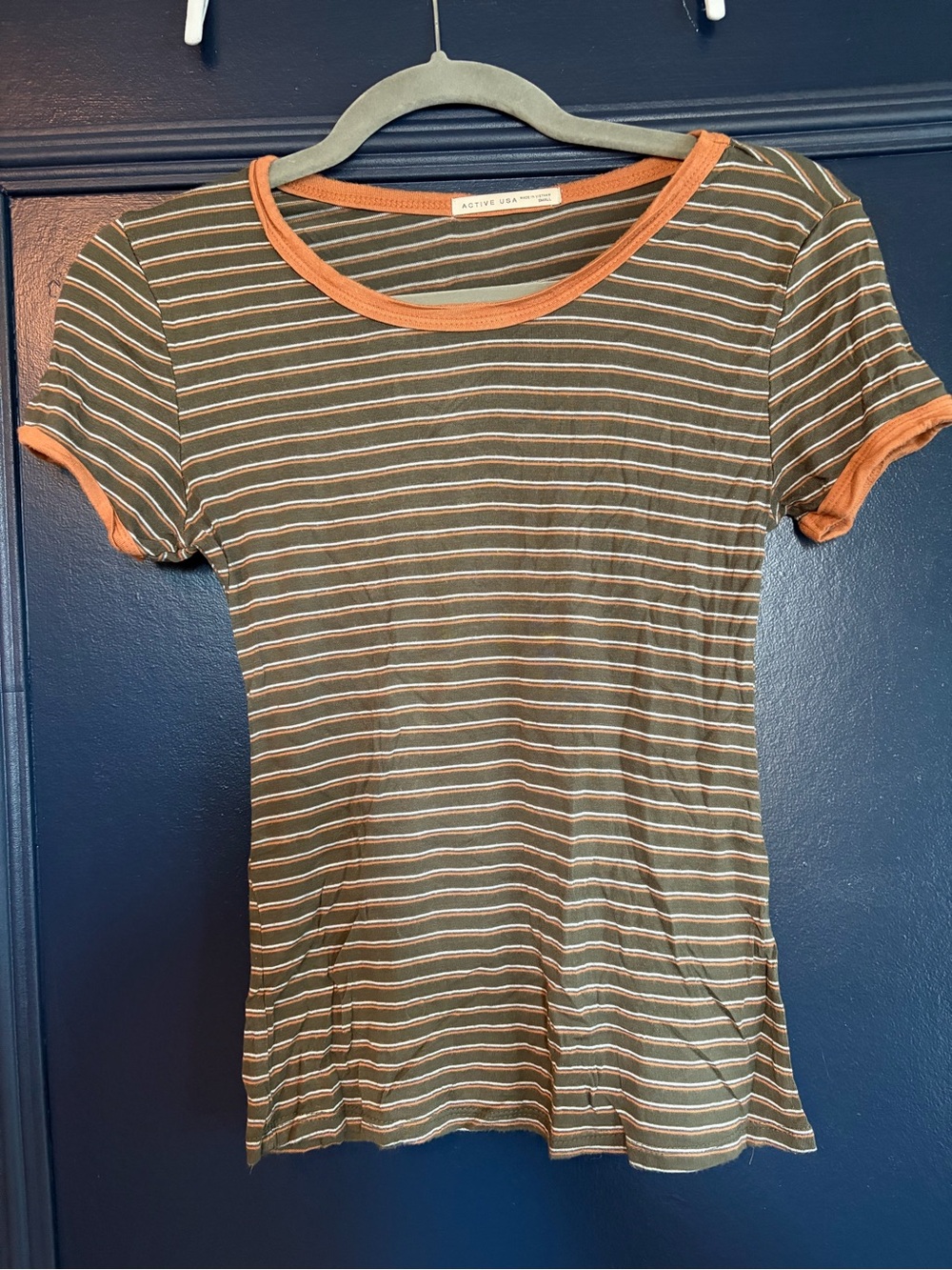 Active USA Olive Green Striped Ringer Tee Rust Trim S